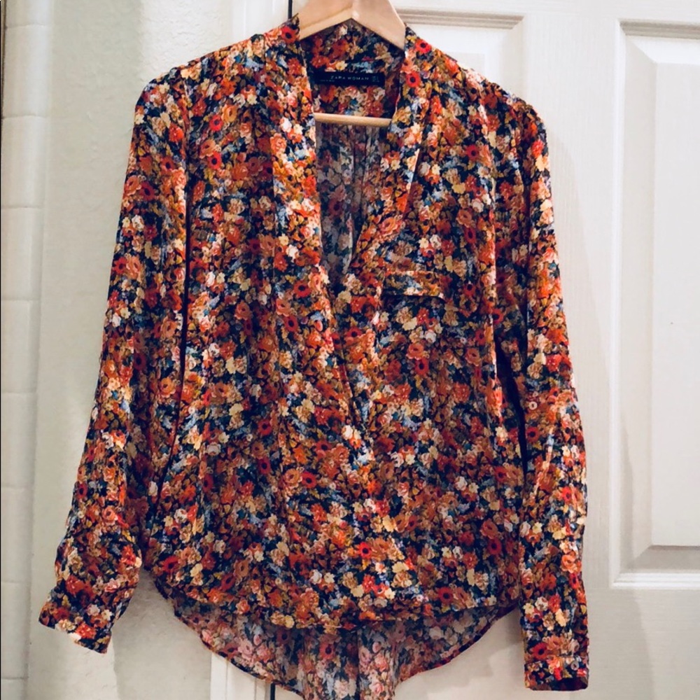 Zara floral draped blouse
